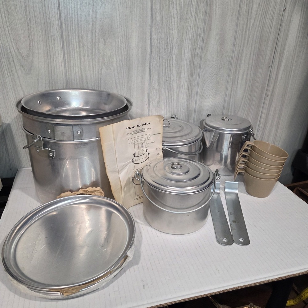 NOS Vintage Mirro Aluminum 12pc Camp Set w/ Box M-4353 Pots Pans Plates Cups